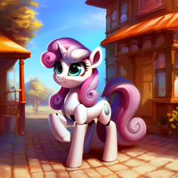 Size: 3072x3072 | Tagged: safe, ai content, derpibooru import, generator:purplesmart.ai, generator:stable diffusion, machine learning generated, sweetie belle, sweetie bot, pony, robot, robot pony, unicorn, female, full body, pavement, raised hoof, raised leg, solo