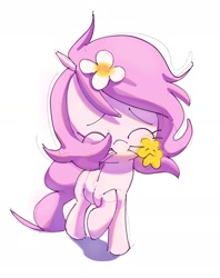 Size: 1552x1963 | Tagged: safe, artist:parfait, oc, oc only, oc:kayla, earth pony, pony, eyes closed, female, filly, flower, flower in hair, flower in mouth, foal, mouth hold, simple background, smiling, solo, white background