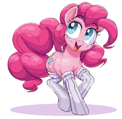 Size: 862x838 | Tagged: safe, artist:hattsy, ponerpics import, pinkie pie, earth pony, pony, clothes, female, looking up, mare, raised hoof, raised leg, simple background, socks, solo, white background