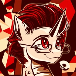 Size: 3600x3600 | Tagged: safe, artist:poxy_boxy, derpibooru import, oc, oc only, pony, unicorn, abstract background, bust, commission, glasses, high res, horn, limited palette, male, smiling, solo, stallion, unicorn oc, unnamed oc