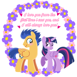Size: 1400x1400 | Tagged: safe, artist:mlplary6, derpibooru import, flash sentry, twilight sparkle, twilight sparkle (alicorn), alicorn, pegasus, pony, blushing, female, flashlight, flower, heart, looking at each other, looking at someone, love, male, mare, romantic, shipping, simple background, smiling, smiling at each other, stallion, straight, text, white background