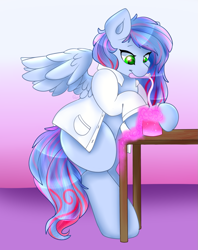 Size: 1109x1400 | Tagged: artist needed, source needed, safe, derpibooru import, oc, oc only, oc:autumn starlight, pegasus, pony, chemistry, clothes, female, potion, solo