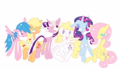 Size: 2048x1228 | Tagged: safe, artist:sprimks, derpibooru import, applejack (g1), firefly, posey, sparkler (g1), surprise, twilight, earth pony, pegasus, pony, unicorn, g1, female, freckles, g1 six, group, looking down, looking sideways, looking up, mare, simple background, sparkles, stars, what could have been, white background