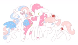 Size: 1842x1083 | Tagged: safe, artist:sprimks, derpibooru import, desert rose, nurse redheart, star catcher, earth pony, pegasus, pony, g3, :o, female, heart, looking at each other, looking at someone, looking up, mare, open mouth, simple background, stars, trio, trio female, white background