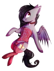 Size: 752x983 | Tagged: artist needed, source needed, safe, derpibooru import, oc, oc only, oc:senka stargazer, bat pony, pony, clothes, collar, corset, female, lingerie, panties, simple background, socks, solo, solo female, underwear, white background