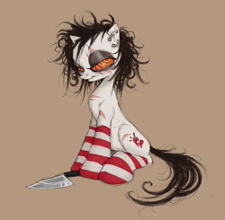 Size: 2748x2688 | Tagged: safe, artist:brvtaldeath, derpibooru import, oc, oc only, earth pony, pony, clothes, dishevelled, ear piercing, earring, earth pony oc, eye scar, facial scar, female, jewelry, knife, mare, messy mane, piercing, scar, self harm, self harm scars, simple background, sitting, socks, solo, striped socks, swirly eyes