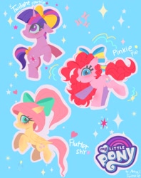 Size: 810x1024 | Tagged: safe, artist:petaltwinkle, derpibooru import, fluttershy, pinkie pie, twilight sparkle, unicorn twilight, earth pony, pegasus, pony, unicorn, alternate hairstyle, bow, cute, diapinkes, ears, female, filly, filly fluttershy, filly pinkie pie, filly twilight sparkle, floppy ears, foal, hair bow, hair bun, looking at you, my little pony logo, outline, ponytail, shyabetes, smiling, smiling at you, sparkles, starry eyes, tail, tail bow, trio, twiabetes, white outline, wingding eyes, younger
