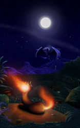 Size: 1563x2500 | Tagged: safe, artist:mick-f18, derpibooru import, princess luna, oc, oc:firewall, alicorn, pony, unicorn, fanfic art, fiery mane, flying, full moon, large wings, looking up, lying down, moon, night, ponyville, prone, scenery, wings