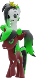 Size: 1209x2558 | Tagged: safe, artist:lithus, derpibooru import, oc, oc only, oc:lithus, oc:pynoka, pony, undead, unicorn, vampire, vampony, wolf, wolf pony, 3d, blender, blender cycles, crown, duo, fangs, gradient hooves, gradient mane, gradient tail, green eyes, green mane, green tail, jewelry, on top, red coat, regalia, render, simple background, tail, transparent background, white coat