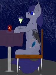 Size: 774x1032 | Tagged: source needed, safe, artist:slyfoxx, derpibooru import, oc, oc only, oc:codex hearthfire, bat pony, pony, chair, drink, drinking, sitting, solo, stars, table