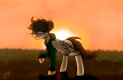 Size: 2475x1609 | Tagged: safe, artist:ashel_aras, derpibooru import, oc, oc only, pegasus, pony, calm, clothes, grass, grass field, headphones, sketch, solo, sunset, sweater