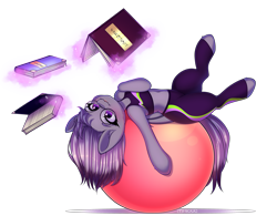 Size: 3776x2940 | Tagged: source needed, safe, artist:yuozka, derpibooru import, oc, oc only, oc:ravine enigma, bat pony, pony, book, clothes, exercise ball, glasses, magic, pants, simple background, solo, spandex, transparent background, yoga, yoga pants