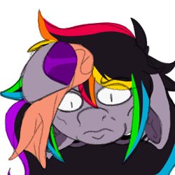 Size: 320x320 | Tagged: safe, artist:woofpoods, derpibooru import, oc, oc:strobestress, pony, unicorn, cloth, ear fluff, ear piercing, earring, ears, emoji, emote, female, furrowed brows, gauges, hooves, jewelry, meme, meme drawover, messy hair, messy mane, multicolored hair, piercing, rag, rainbow hair, scared, simple background, solo, sweat, towel, transparent background