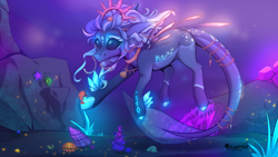 Size: 3264x1836 | Tagged: safe, artist:lucythunderforth, derpibooru import, oc, oc only, fish, hybrid, merpony, pony, bubble, colored pupils, coral, digital art, dorsal fin, female, fin, fins, fish tail, flowing mane, flowing tail, glowing, high res, jewelry, mare, necklace, ocean, pearl necklace, purple mane, rock, seashell, seaweed, smiling, solo, swimming, tail, underwater, water