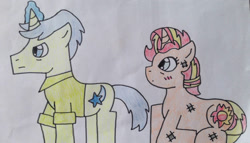Size: 1181x676 | Tagged: safe, artist:dragonpriness, derpibooru import, comet tail, sunset shimmer, pony, unicorn, blushing, clothes, cometshimmer, female, male, mare, older, older comet tail, older sunset, protecting, shipping, simple background, stallion, straight, traditional art
