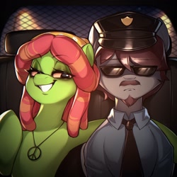 Size: 2048x2048 | Tagged: safe, artist:minekoo2, derpibooru import, tree hugger, earth pony, pony, clothes, duo, female, jewelry, male, mare, necklace, poker face, police, police officer, police uniform, smiling, stallion