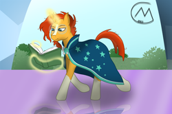 Size: 4823x3200 | Tagged: safe, artist:maître cervidé, derpibooru import, sunburst, unicorn, book, crystal empire, magic, male, solo, walk