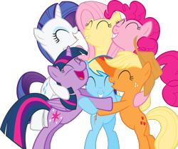 Size: 6287x5290 | Tagged: safe, derpibooru import, applejack, fluttershy, pinkie pie, rainbow dash, rarity, twilight sparkle, twilight sparkle (alicorn), alicorn, earth pony, pegasus, pony, unicorn, g4, the cutie mark chronicles, .svg available, ^^, eyes closed, female, hug, mane six, mare, official, simple background, svg, transparent background, vector