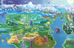 Size: 4661x3040 | Tagged: safe, derpibooru import, edit, dragon, arrow, badlands, boat, canterlot, canterlot castle, cloudsdale, compass, crystal empire, error, griffonstone, high res, manehattan, map of equestria, moon, mount everhoof, mountain, ocean, official, our town, ponyville, railroad, rainbow, river, sun, textless, textless version, twilight's castle, volcano, water, waterfall, yakyakistan