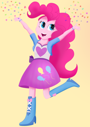 Size: 2480x3508 | Tagged: safe, artist:samenandsam, derpibooru import, pinkie pie, human, equestria girls 10th anniversary, equestria girls, boots, clothes, confetti, female, high res, open mouth, raised arms, shirt, shoes, simple background, skirt, smiling, solo, standing, standing on one leg, wristband