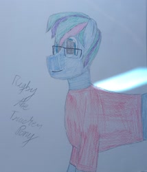 Size: 2329x2716 | Tagged: safe, artist:rigby the trucker pony, derpibooru import, oc, oc only, oc:rigby the trucker pony, earth pony, clothes, colored pencil drawing, cursive writing, glasses, male, multicolored hair, shirt, stallion, t-shirt, traditional art