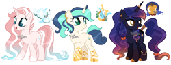 Size: 4840x1836 | Tagged: safe, artist:dixieadopts, derpibooru import, oc, oc only, oc:aqua marine, oc:golden apple, oc:romantic serenade, pony, unicorn, female, magical lesbian spawn, mare, offspring, parent:applejack, parent:bon bon, parent:fleur-de-lis, parent:lyra heartstrings, parent:princess luna, parent:trixie, parents:lunajack, parents:lyrabon, simple background, transparent background