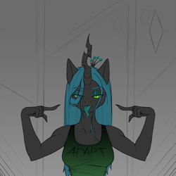 Size: 2000x2000 | Tagged: safe, artist:kirasunnight, derpibooru import, queen chrysalis, anthro, changeling horn, clothes, eyebrows, eyebrows visible through hair, eyeshadow, female, horn, looking at you, makeup, shirt, simple background, solo, tongue, tongue out