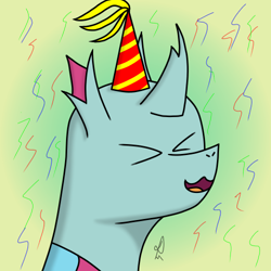 Size: 500x500 | Tagged: safe, artist:alejandrogmj, derpibooru import, oc, oc only, oc:flower black, changedling, changeling, ><, ambiguous gender, birthday, changedling oc, changeling oc, eyes closed, hat, open mouth, open smile, party hat, signature, smiling, solo