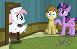 Size: 3264x2064 | Tagged: safe, artist:tidmouthmilk12, derpibooru import, nurse redheart, twilight sparkle, twilight sparkle (alicorn), oc, oc:tidmouth milk, alicorn, earth pony, pony, anxiety, clipboard, comforting, doctor's office, hat, nervous, nurse hat, scared, shivering, signature, sweat, sweatdrops