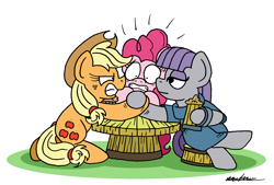 Size: 2324x1572 | Tagged: safe, artist:bobthedalek, derpibooru import, applejack, maud pie, pinkie pie, earth pony, pony, g4, atg 2023, cider, cider mug, hoofwrestle, mug, newbie artist training grounds, simple background, trio, white background