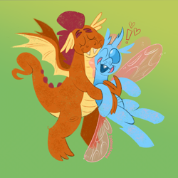Size: 1280x1280 | Tagged: safe, artist:msponies, derpibooru import, ocellus, smolder, changedling, changeling, dragon, duo, exclamation point, eyes closed, female, gradient background, green background, heart, hug, lesbian, one eye closed, open mouth, open smile, shipping, simple background, smiling, smolcellus