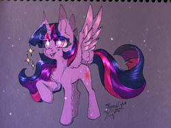 Size: 4080x3072 | Tagged: safe, artist:jsunlight, derpibooru import, twilight sparkle, twilight sparkle (alicorn), alicorn, pony, chest fluff, crossover, female, mare, open mouth, open smile, smiling, solo, sparkles, starry eyes, traditional art, wingding eyes