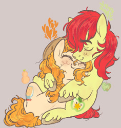 Size: 869x920 | Tagged: safe, artist:smolthems, derpibooru import, bright mac, butterscotch, fluttershy, pear butter, earth pony, pony, brightbutter, cuddling, duo, duo male and female, female, heart, hug, male, rule 63, ship, shipping, straight