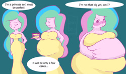 Size: 2900x1700 | Tagged: safe, artist:b0nb0nbun, derpibooru import, princess celestia, human, equestria girls, bbw, belly, big belly, blushing, cake, cakelestia, chubbylestia, fat, female, food, huge belly, morbidly obese, obese, solo, speech bubble, ssbbw, weight gain