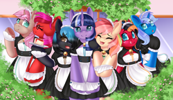 Size: 3460x2000 | Tagged: safe, artist:xcinnamon-twistx, derpibooru import, oc, oc only, oc:chromia, oc:citrus twist, oc:lucky shot, oc:paddy sparkle, oc:ruby star, oc:sugar star, oc:windblade, alicorn, bat pony, earth pony, pegasus, unicorn, apron, bell, bell collar, bush, cafe, cake, clothes, collar, commission, covered eye, cuffs, cute, ears, female, floppy ears, food, headdress, maid, maid cafe, maid headdress, male, nekopara, one eye closed, outdoors, petals, plant, plate, pouting, shy, tongue, tongue out, wink, ych result