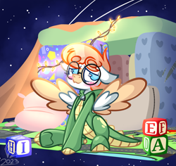 Size: 2175x2055 | Tagged: safe, derpibooru import, oc, pegasus, pony, blocks, blushing, commission, glasses, lights, looking at you, onesie, pillow, pillow fort, spread wings, wings