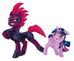 Size: 1024x858 | Tagged: safe, artist:jackspicerchase, derpibooru import, tempest shadow, twilight sparkle, twilight sparkle (alicorn), alicorn, pony, unicorn, my little pony: the movie, armor, broken horn, concave belly, eye scar, facial scar, female, folded wings, height difference, horn, mare, open mouth, physique difference, scar, simple background, slim, thin, white background, wings
