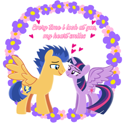 Size: 1400x1400 | Tagged: safe, artist:mlplary6, derpibooru import, flash sentry, twilight sparkle, twilight sparkle (alicorn), alicorn, pegasus, pony, female, flashlight, flower, heart, looking at each other, looking at someone, love, male, mare, romantic, shipping, smiling, smiling at each other, stallion, straight, text
