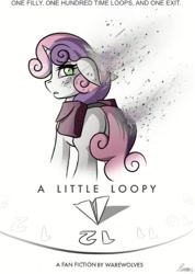 Size: 344x482 | Tagged: safe, artist:whitepone, derpibooru import, sweetie belle, pony, unicorn, fanfic:a little loopy, animated, ash, butt, clock, fanfic, fanfic art, fanfic cover, loop, plot, sad, simple background, solo, staring at you, white background