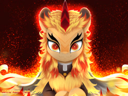 Size: 2400x1800 | Tagged: safe, artist:darksly, derpibooru import, kirin, pony, anime, atg 2023, clothes, demon slayer, fire, looking at you, newbie artist training grounds, ponified, rengoku kyōjurō, smiling, smiling at you, solo, species swap