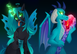 Size: 2275x1619 | Tagged: safe, artist:buvanybu, derpibooru import, dragon lord ember, princess ember, queen chrysalis, changeling, changeling queen, dragon, bloodstone scepter, disguise, disguised changeling, dragoness, duo, female, glowing, glowing eyes, looking at each other, looking at someone, mind control, simple background, tongue, tongue out
