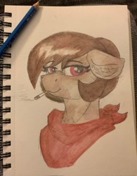 Size: 2738x3513 | Tagged: safe, artist:reddthebat, derpibooru import, oc, oc only, oc:number nine, earth pony, pony, bandana, bust, cigarette, female, lidded eyes, looking at you, mare, pencil, photo, smiling, smiling at you, smoking, solo, traditional art