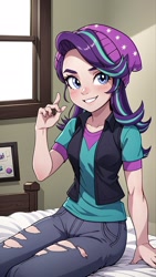 Size: 1080x1920 | Tagged: safe, ai content, derpibooru import, generator:stable diffusion, machine learning generated, starlight glimmer, human, beanie, bed, bedroom, blue eyes, clothes, female, generator:cartunafied, hat, humanized, jacket, multicolored hair, pants, prompter:marusame, ripped pants, shirt, sitting, smiling, solo, teeth, torn clothes, window