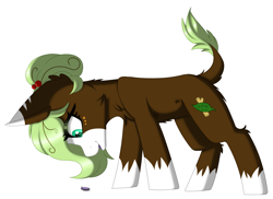 Size: 2779x2026 | Tagged: safe, artist:melodytheartpony, derpibooru import, oc, oc only, oc:sweet leaf, beetle, earth pony, insect, art trade, cherry, chest fluff, coat markings, dots, ear fluff, ears, earth pony oc, excited, excitement, female, feral, fluffy, foal, food, happy, looking down, signature, simple background, solo, standing, stripes, white background, young