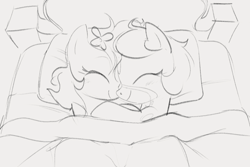 Size: 1140x761 | Tagged: safe, artist:dotkwa, derpibooru import, oc, oc only, oc:deary dots, oc:kayla, earth pony, pony, bed, cute, duo, eyes closed, female, filly, flower, flower in hair, foal, gray background, grayscale, hug, in bed, monochrome, ocbetes, overhead view, simple background, sketch, smiling