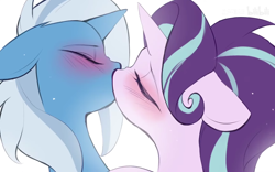 Size: 1728x1080 | Tagged: safe, artist:amo, derpibooru import, starlight glimmer, trixie, pony, unicorn, blushing, bust, cropped, duo, duo female, eyes closed, female, kiss on the lips, kissing, lesbian, mare, shipping, simple background, startrix, white background