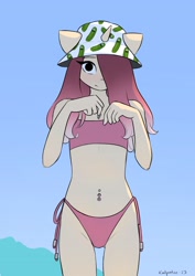 Size: 2480x3508 | Tagged: safe, artist:katputze, derpibooru import, oc, oc only, oc:crimson sunset, anthro, unicorn, belly button, belly piercing, bikini, clothes, female, hair over one eye, hat, looking at you, mare, pickle rick, piercing, seashell, signature, solo, swimsuit