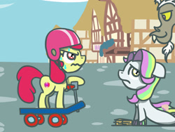 Size: 1800x1350 | Tagged: safe, artist:flutterluv, derpibooru import, part of a set, apple bloom, coconut cream, discord, draconequus, earth pony, pony, seapony (g4), atg 2023, helmet, newbie artist training grounds, scooter, seaponified, species swap, trio