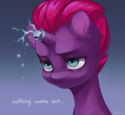 Size: 2181x2000 | Tagged: safe, artist:hirichie, derpibooru import, tempest shadow, pony, unicorn, my little pony: the movie, crying, cute, female, foal, gradient background, sad, solo, text