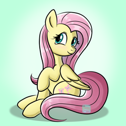 Size: 2200x2200 | Tagged: safe, artist:marakoru_luv, artist:marakoruluv, derpibooru import, fluttershy, pegasus, pony, blushing, cute, female, folded wings, gradient background, high res, looking at you, mare, shyabetes, sitting, smiling, smiling at you, solo, wings